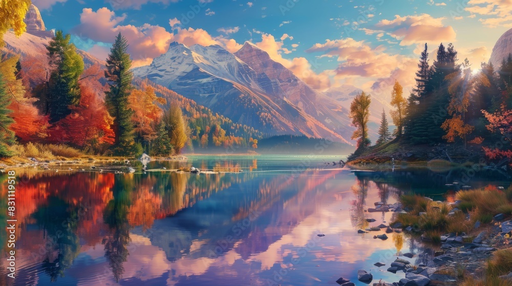Fototapeta premium Scenic autumn view of a mountain lake with pastel skies and reflections.