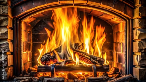 Stone fireplace with burning wood