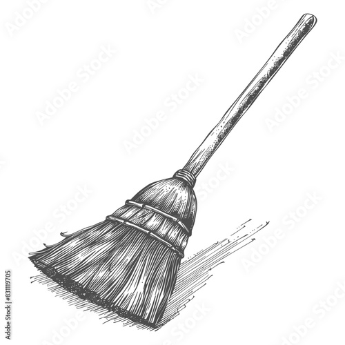 Hand-drawn Rustic Broom: Vintage Cleaning Tool Sketch, Hatching Detail.