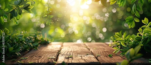 Empty wooden table with green foliage background, springtime outdoors, beauty bokeh and sunlight, AI generated, fresh and natural, Illustration 8K , high-resolution, ultra HD,up32K HD photo