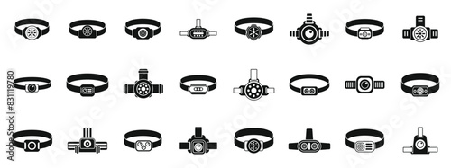 Headlamp icons set vector. A collection of wristbands with various designs and colors. Some of the wristbands have a watch on them, while others have a camera or a light. The wristbands are all black