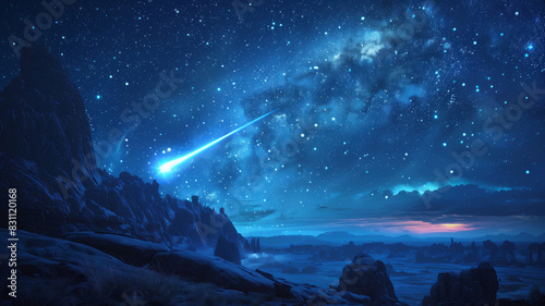  A shooting star streaking across the night sky, symbolizing hope and wishes coming true photo