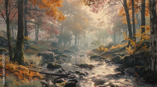 Gentle pastel hues with an autumn forest and a stream flowing through. photo
