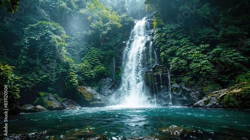 Fototapeta Naklejka Na Ścianę i Meble -  Crystal-clear waterfall in a tropical forest, symbolizing the beauty and importance of natural water sources