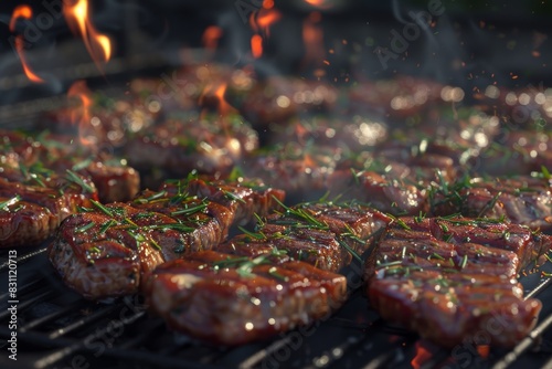 Sizzling steaks cooking grill flames blazing background, creating charred and flavorful exterior. Active weekend family barbecue. Pork chops. Delicious meat. High amount carbohydrates. Diet nutrition photo