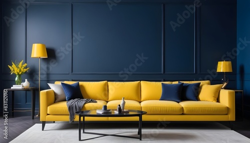A huge living room's accent lounge. blue and yellow hues. The dark blue wall is empty, and a bright yellow sofa has mustard undertones. a mockup of a contemporary interior. 3D Render