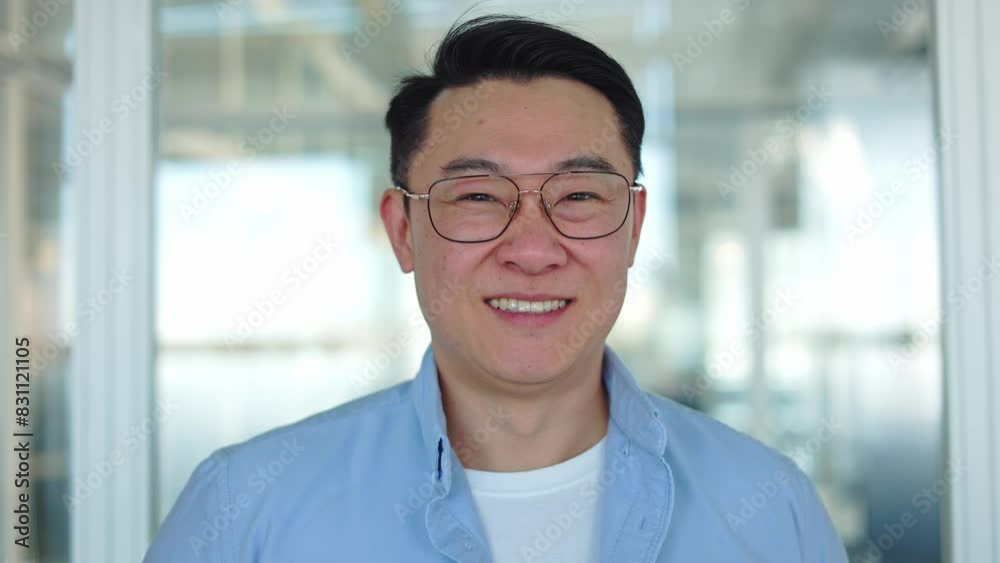 Close up and portrait of positive asian male looking at camera while posing in modern office. Handsome young man dressed in beautiful casual attire smiling widely in indoors cabinet settings. Close up and portrait of positive asian male looking at camera while posing in modern office. Handsome young man dressed in beautiful casual attire smiling widely in indoors cabinet settings.