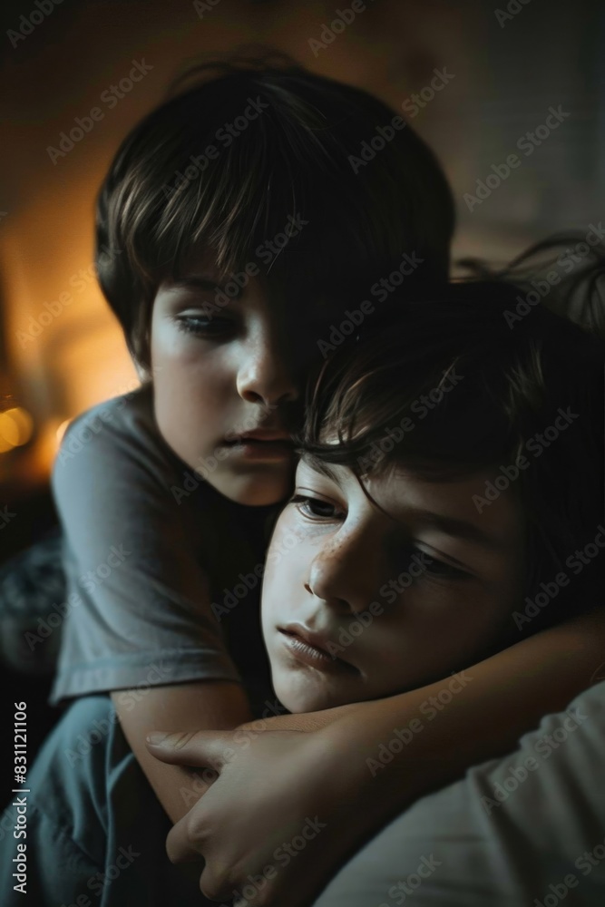 An older sibling comforting a younger one in a dimly lit corner, their expressions filled with concern An older sibling comforting a younger one in a dimly lit corner, their expressions filled with concern