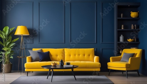 A huge living room's accent lounge. blue and yellow hues. The dark blue wall is empty, and a bright yellow sofa has mustard undertones. a mockup of a contemporary interior. 3D Render