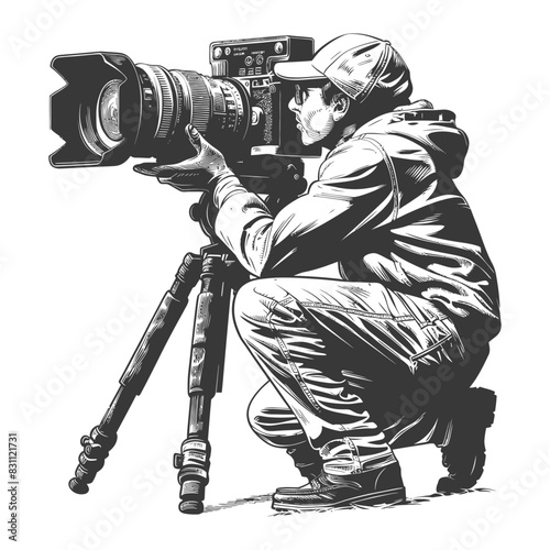 cameraman in action full body with engraving sketch style black color only