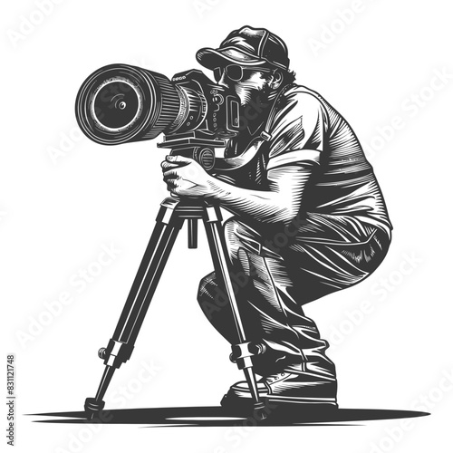 cameraman in action full body with engraving sketch style black color only