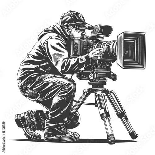 cameraman in action full body with engraving sketch style black color only