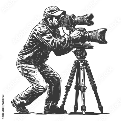 cameraman in action full body with engraving sketch style black color only