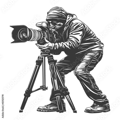 cameraman in action full body with engraving sketch style black color only
