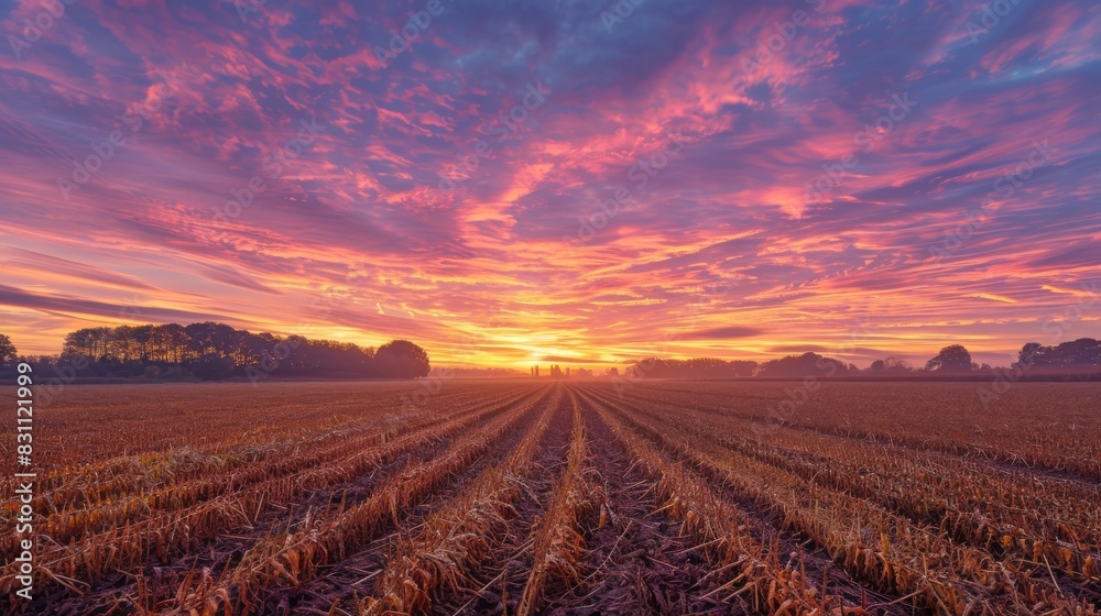 Autumn sunrise with pastel skies over a field of golden crops. Autumn sunrise with pastel skies over a field of golden crops.