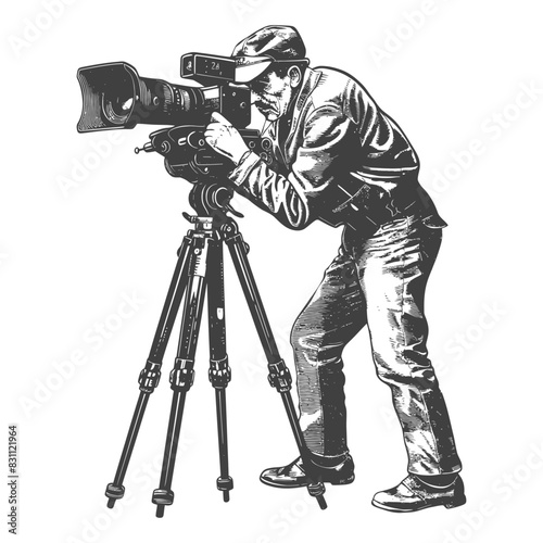 cameraman in action full body with old engraving sketch style black color only