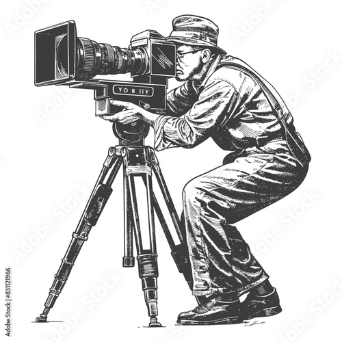 cameraman in action full body with old engraving sketch style black color only