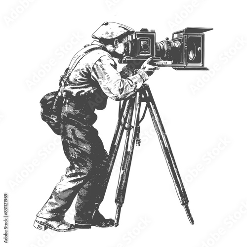 cameraman in action full body with old engraving sketch style black color only
