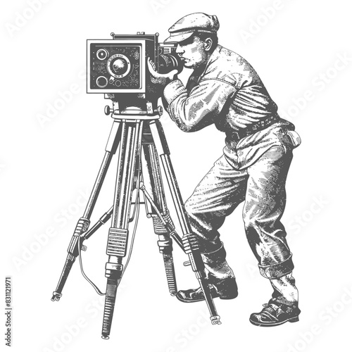 cameraman in action full body with old engraving sketch style black color only