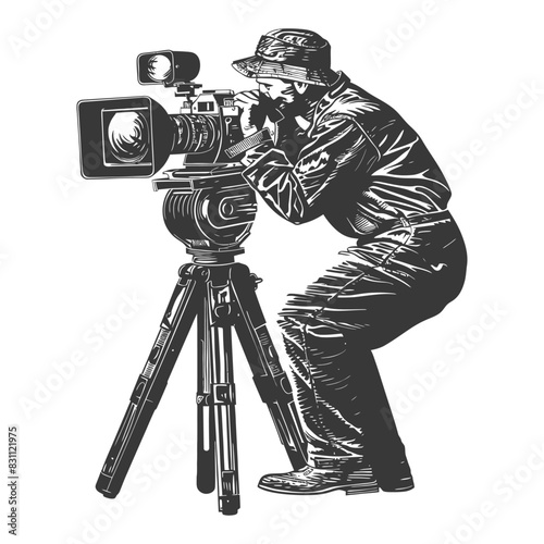 cameraman in action full body with old engraving sketch style black color only