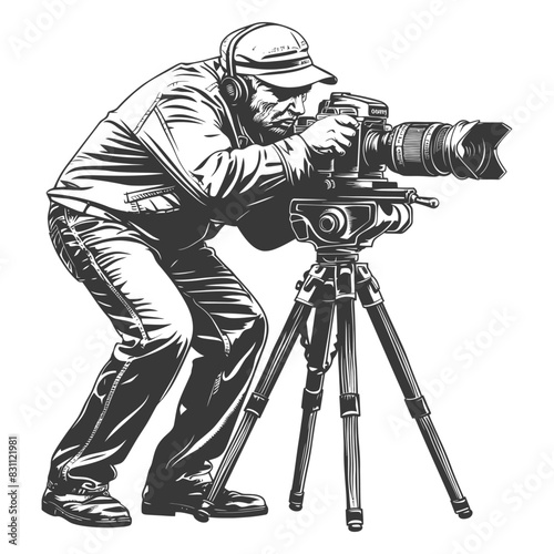 cameraman in action full body with old engraving sketch style black color only
