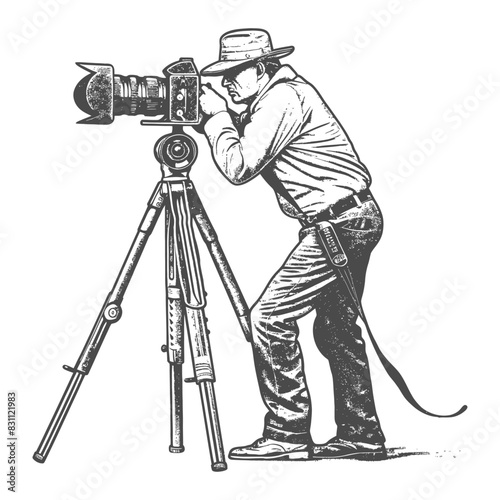 cameraman in action full body with old engraving sketch style black color only