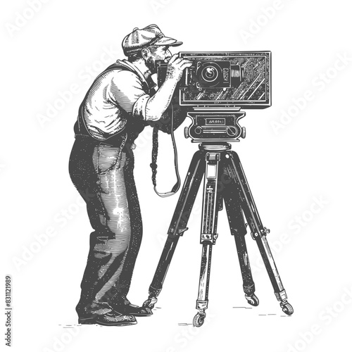 cameraman in action full body with old engraving sketch style black color only