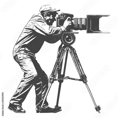 cameraman in action full body with old engraving sketch style black color only