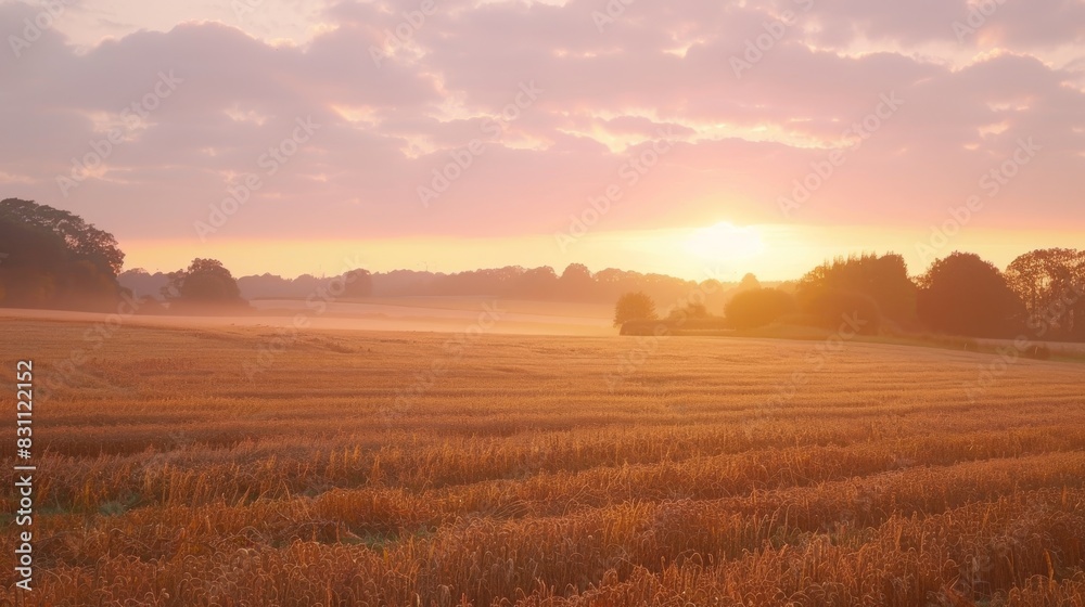Autumn sunrise with pastel skies over a field of golden crops.