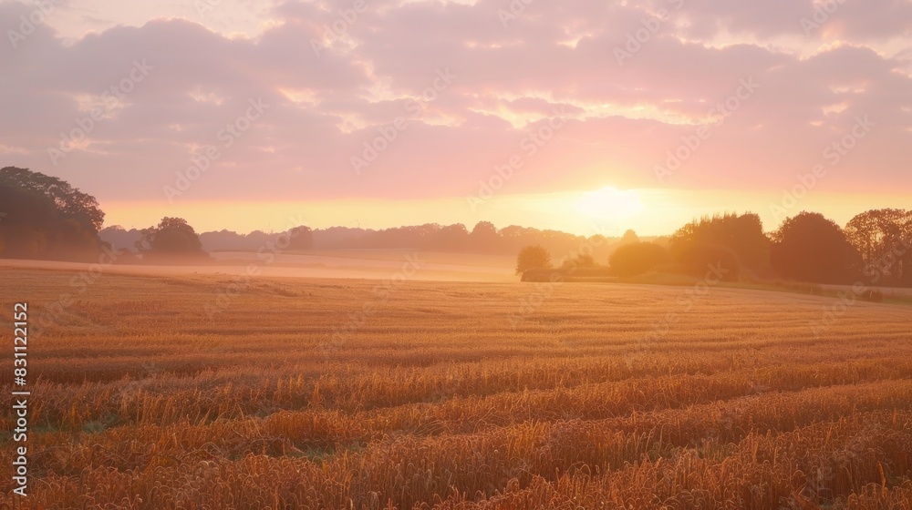 Autumn sunrise with pastel skies over a field of golden crops. Autumn sunrise with pastel skies over a field of golden crops.