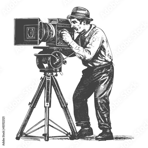 cameraman in action full body with old engraving sketch style black color only
