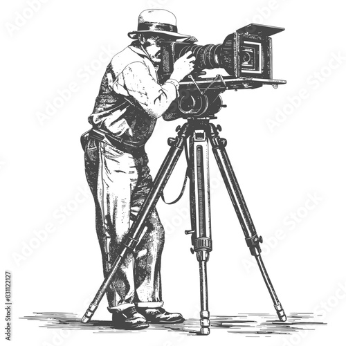 cameraman in action full body with old engraving sketch style black color only