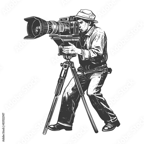 cameraman in action full body with old engraving sketch style black color only