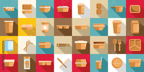 Biodegradable tableware icons set vector. A collection of various food containers and utensils. The image is a collection of different shapes and sizes of containers, including bowls, cups, and spoons