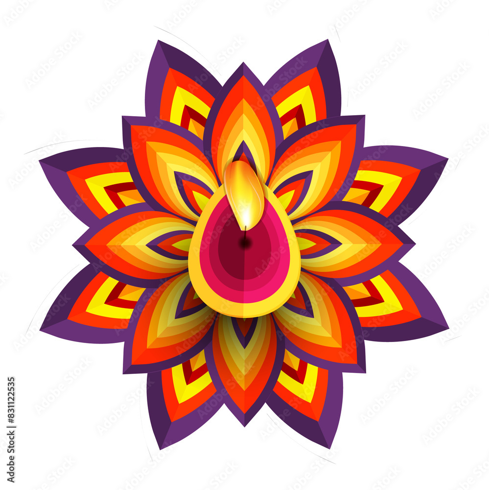 Top View of Lit Oil Lamp on Rangoli Icon for Diwali Festival. Top View of Lit Oil Lamp on Rangoli Icon for Diwali Festival.