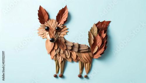 A coyote crafted from various shades of brown leaves, with pointed ears and a bushy tail photo