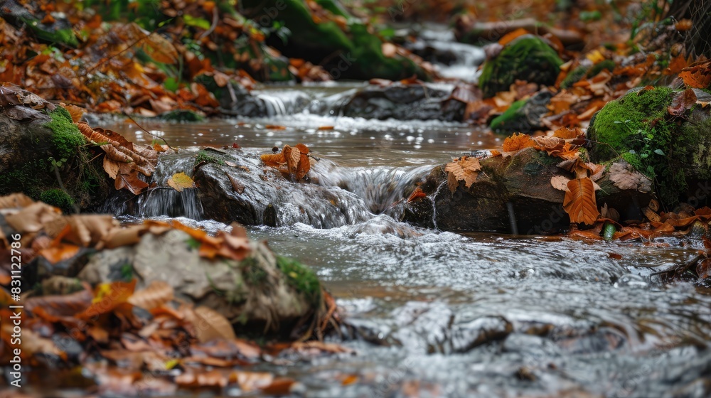 Forest stream with rocks and fallen leaves, symbolizing the beauty and importance of natural water sources Forest stream with rocks and fallen leaves, symbolizing the beauty and importance of natural water sources