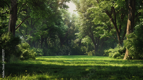 A peaceful scene of a secluded patch of grass surrounded by towering trees, offering a serene retreat from the hustle and bustle of everyday life.