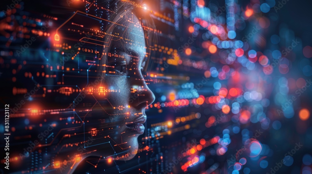 A digital rendering of a woman's face, composed of glowing data streams and abstract patterns. This image represents the intersection of technology and humanity. A digital rendering of a woman's face, composed of glowing data streams and abstract patterns. This image represents the intersection of technology and humanity.