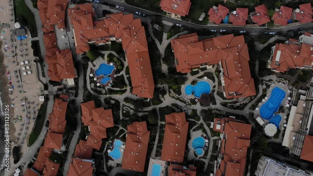 Panoramic aerial view of houses and hotels, sea and beach of Sveti Vlas in Bulgaria from above, top view from drone on sunrise. Summer holiday in Europe.
Panoramic aerial view of houses and hotels, sea and beach of Sveti Vlas in Bulgaria from above, top view from drone on sunrise. Summer holiday in Europe.