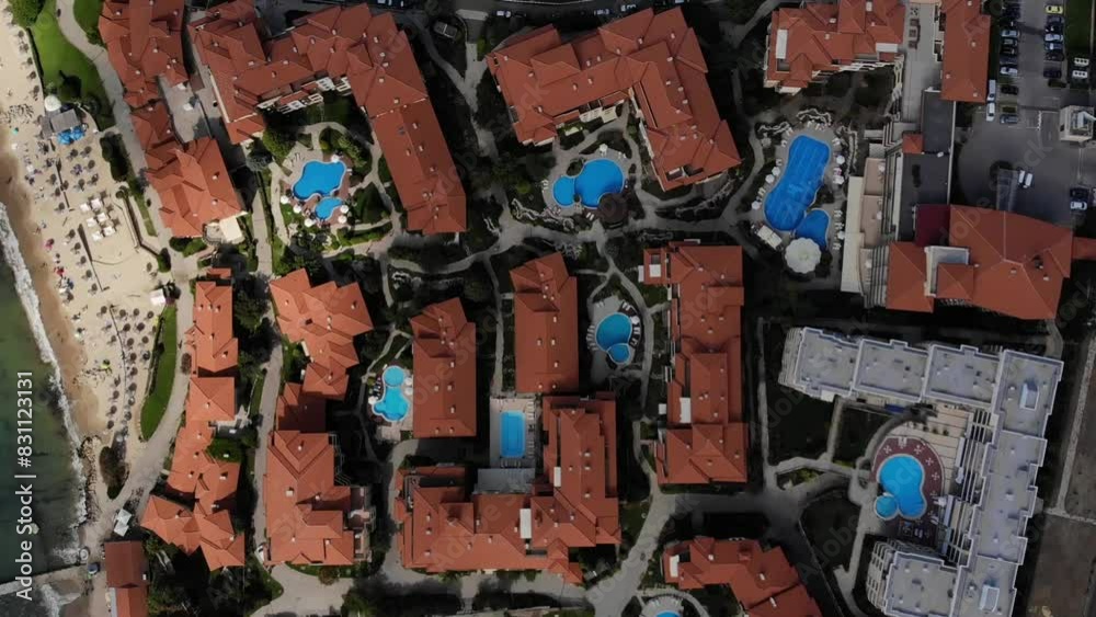 Panoramic aerial view of houses and hotels, sea and beach of Sveti Vlas in Bulgaria from above, top view from drone on sunrise. Summer holiday in Europe.
Panoramic aerial view of houses and hotels, sea and beach of Sveti Vlas in Bulgaria from above, top view from drone on sunrise. Summer holiday in Europe.