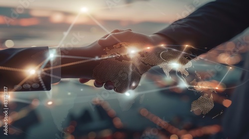 business man handshake with effect global world map network link connection and graph chart of stock market graphic diagram digital technology internet communication teamwork partnersh : Generative AI