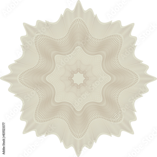 An elegant brown guilloche rosette on a white background.