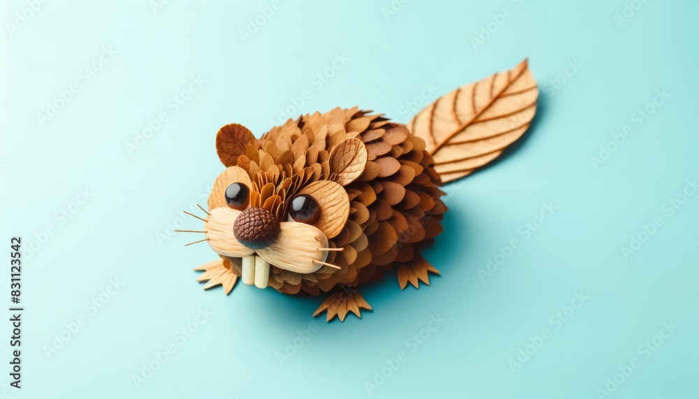 Obraz premium A beaver crafted from brown leaves, with a flat tail and prominent teeth made from small pieces of wood. Eyes are acorns. The background is a light blue color.