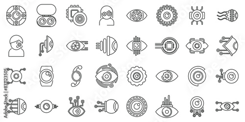 Eye implants icons set vector. A collection of icons for technology and science. Some of the icons include a person with glasses, a watch, a camera, and a robot. The icons are all in black and white