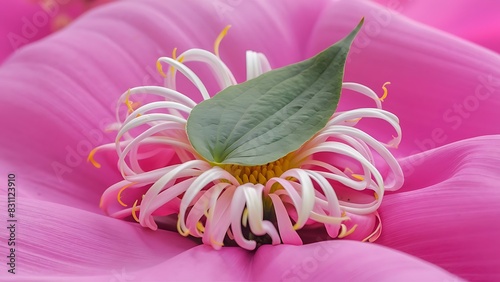 A green leave laying underneath a pink background with a flower
