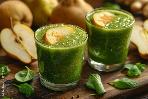 Pear Ginger Smoothie - Light green with pear slices and a hint of ginger.