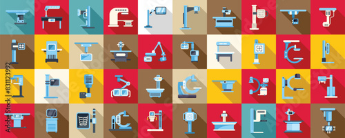 X-ray machine icons set vector. A collection of medical equipment and devices, including a CT scanner, MRI machine, and X-ray machine