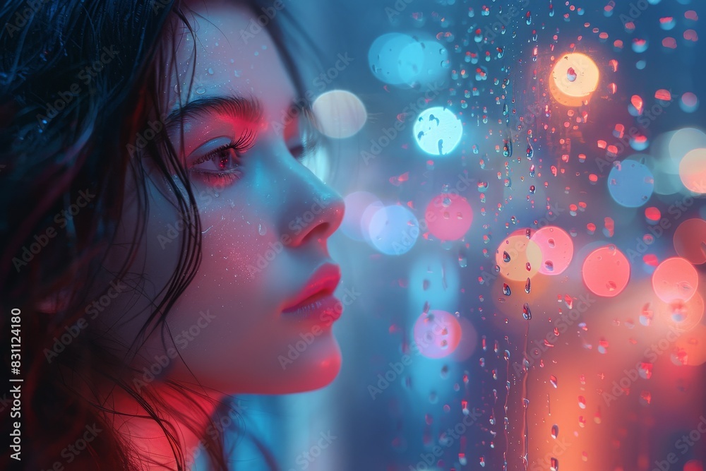 Colorful bokeh lights twinkle through a raindrop-covered window, with a blurred female silhouette in foreground Colorful bokeh lights twinkle through a raindrop-covered window, with a blurred female silhouette in foreground