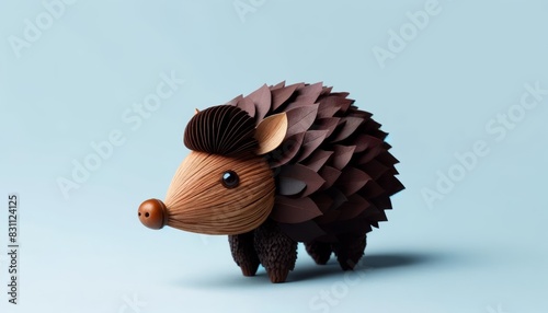 A javelina crafted from dark brown leaves, with a rounded body and short legs. Eyes are acorns, and the nose is a small piece of wood. The background is a light blue color photo